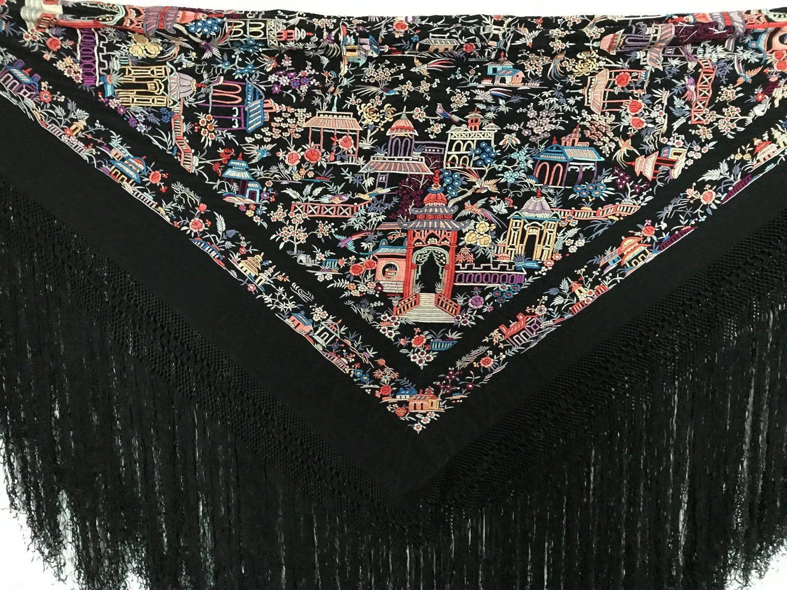 1142 Antique Manila Manton Silk Shawl with Shrines