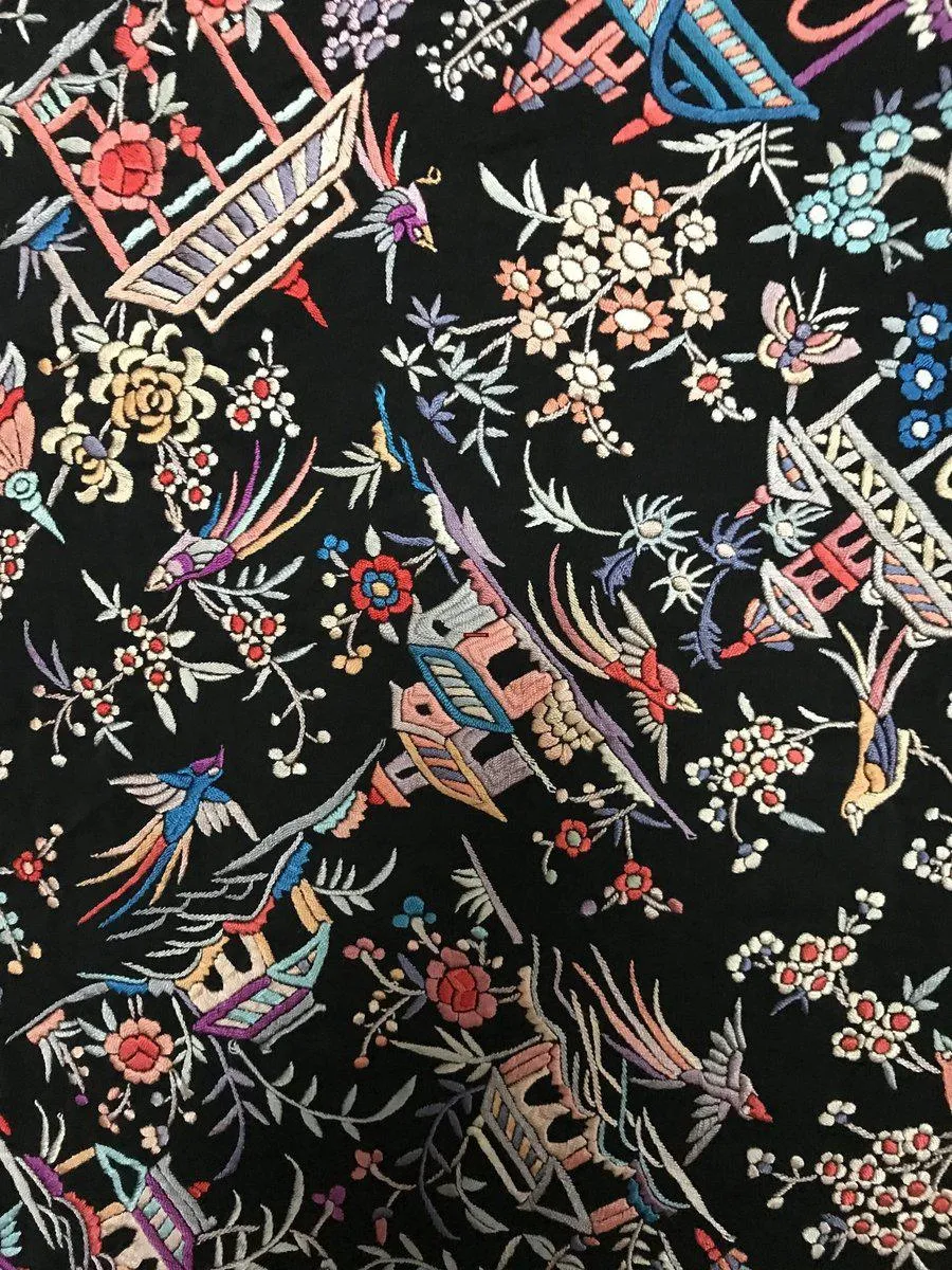 1142 Antique Manila Manton Silk Shawl with Shrines