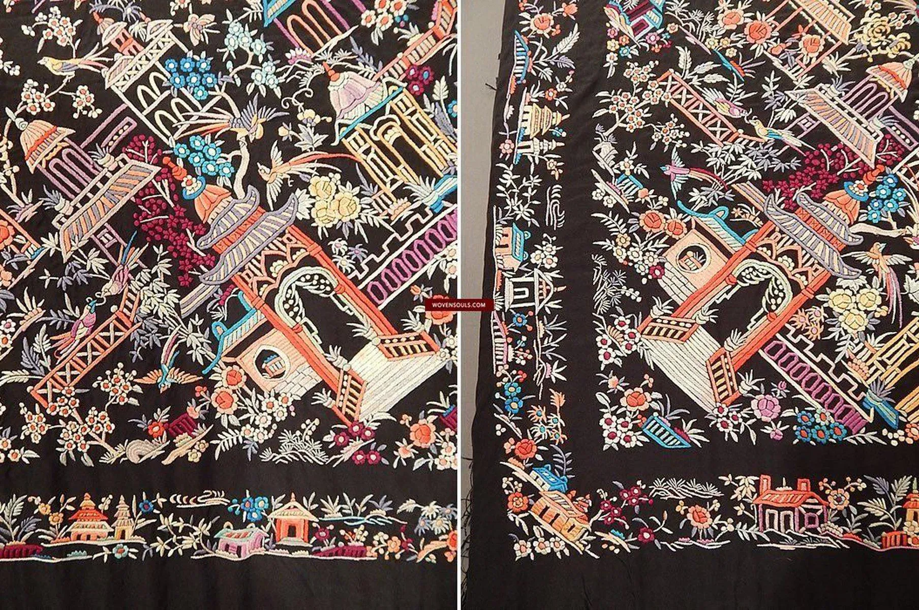 1142 Antique Manila Manton Silk Shawl with Shrines