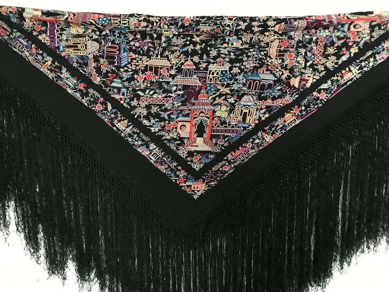 1142 Antique Manila Manton Silk Shawl with Shrines