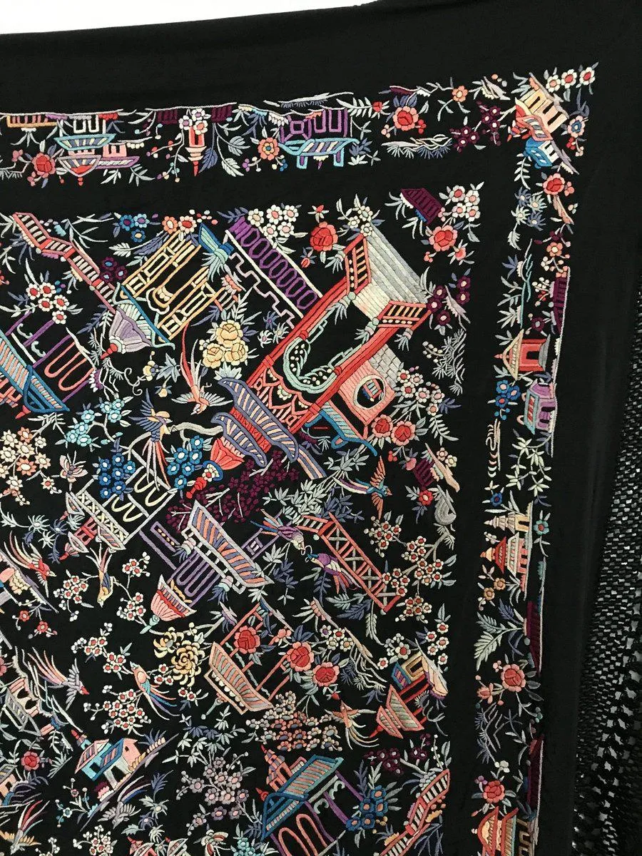 1142 Antique Manila Manton Silk Shawl with Shrines