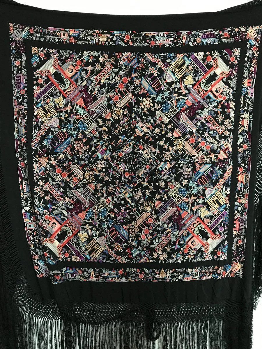 1142 Antique Manila Manton Silk Shawl with Shrines