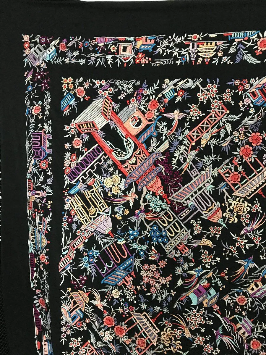 1142 Antique Manila Manton Silk Shawl with Shrines