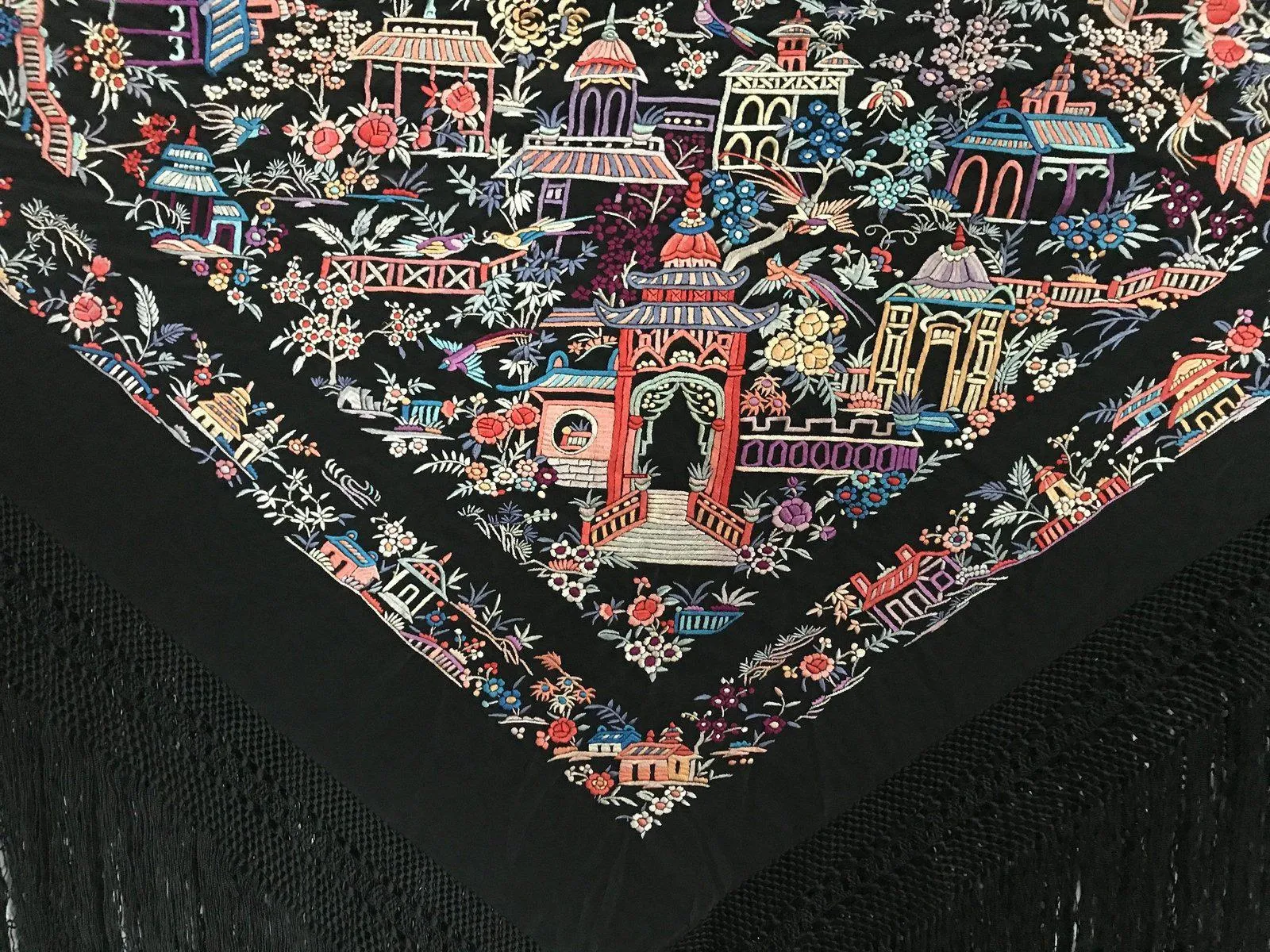 1142 Antique Manila Manton Silk Shawl with Shrines