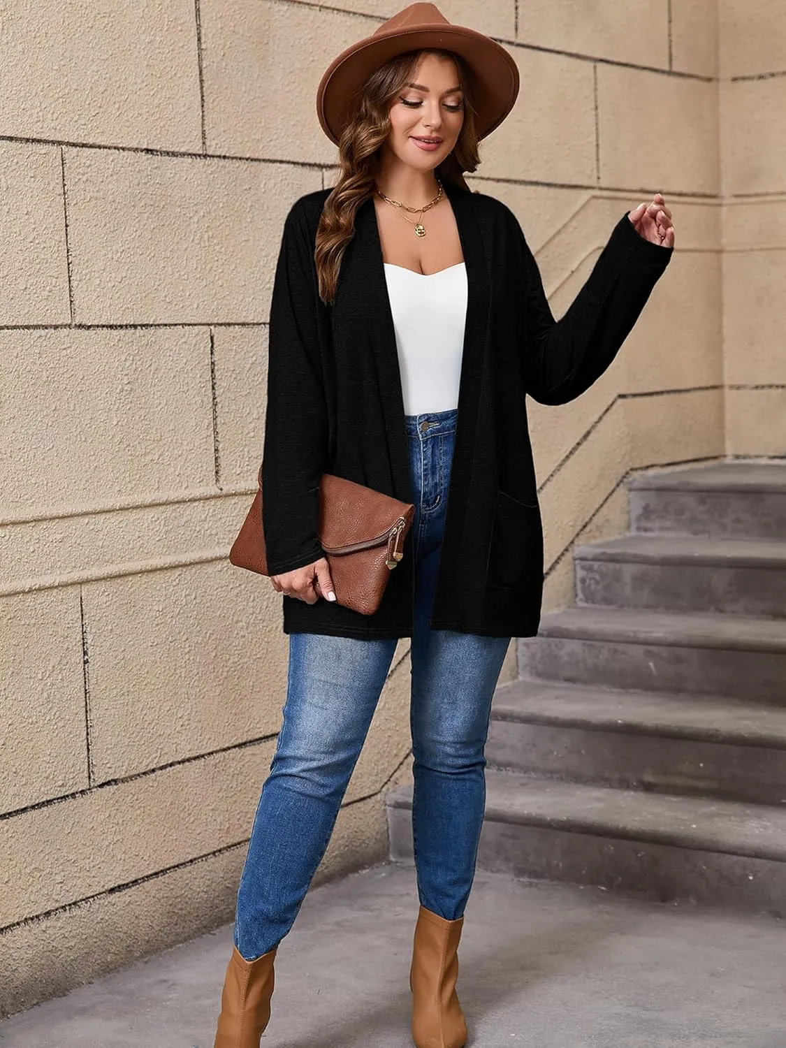 AusLook Women's Plus Size Lightweight Open Front Cardigan 3/4 Sleeve Cover Ups Shrugs Shawls and Wraps Kimono Jacket