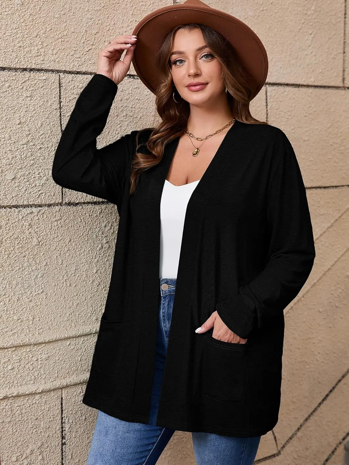 AusLook Women's Plus Size Lightweight Open Front Cardigan 3/4 Sleeve Cover Ups Shrugs Shawls and Wraps Kimono Jacket