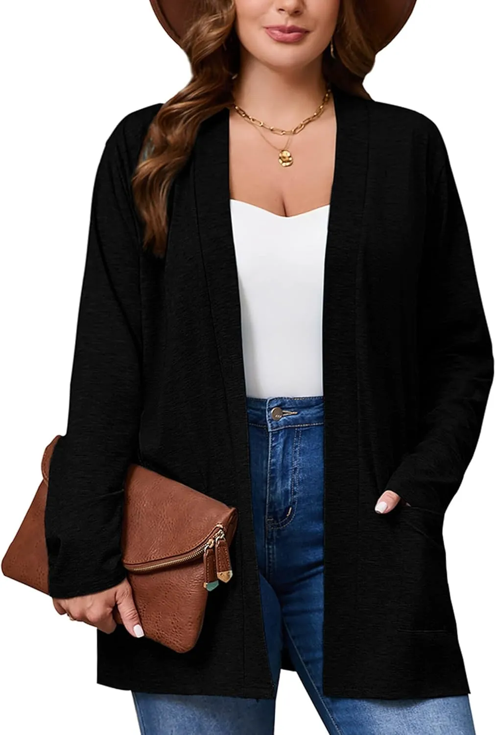 AusLook Women's Plus Size Lightweight Open Front Cardigan 3/4 Sleeve Cover Ups Shrugs Shawls and Wraps Kimono Jacket