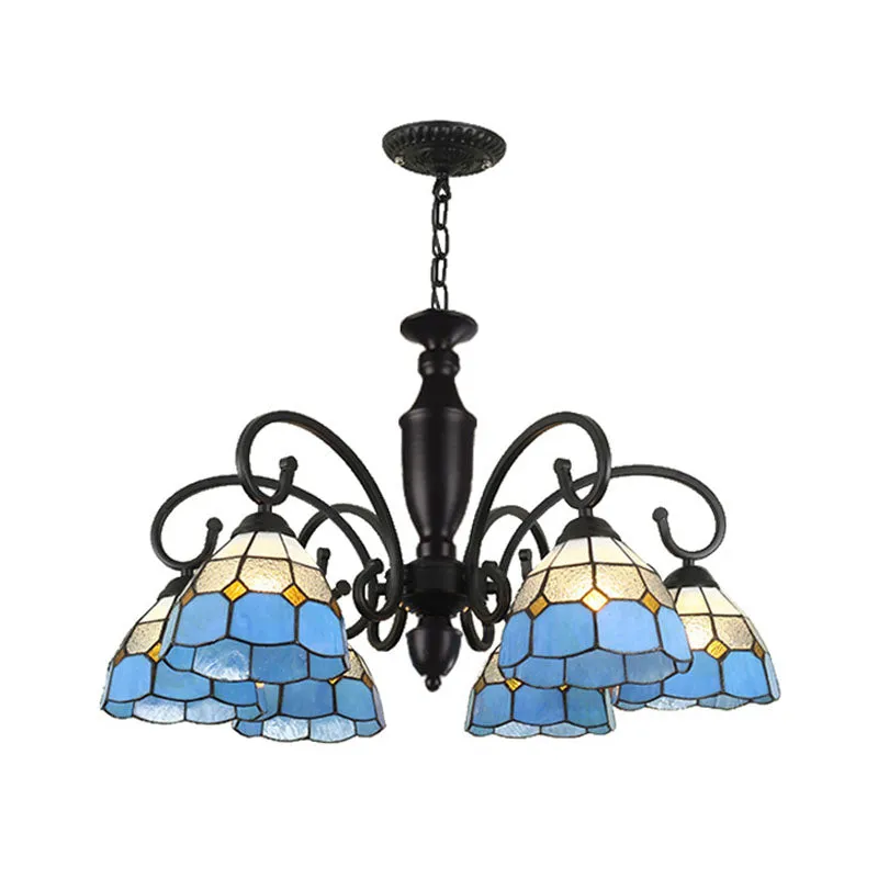 Baroque Glass Chandelier Pendant Light with 6 Conical/Domed Lights in White, Sky Blue & Dark Blue for Bedroom Suspension Lighting