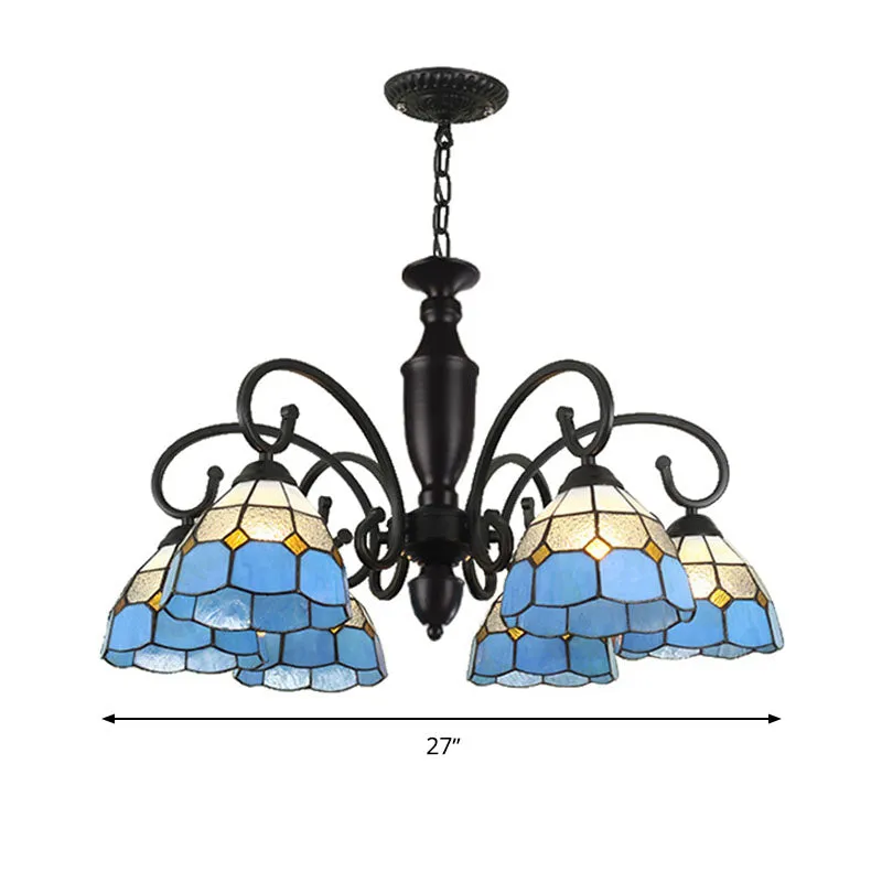 Baroque Glass Chandelier Pendant Light with 6 Conical/Domed Lights in White, Sky Blue & Dark Blue for Bedroom Suspension Lighting