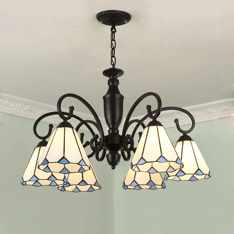 Baroque Glass Chandelier Pendant Light with 6 Conical/Domed Lights in White, Sky Blue & Dark Blue for Bedroom Suspension Lighting