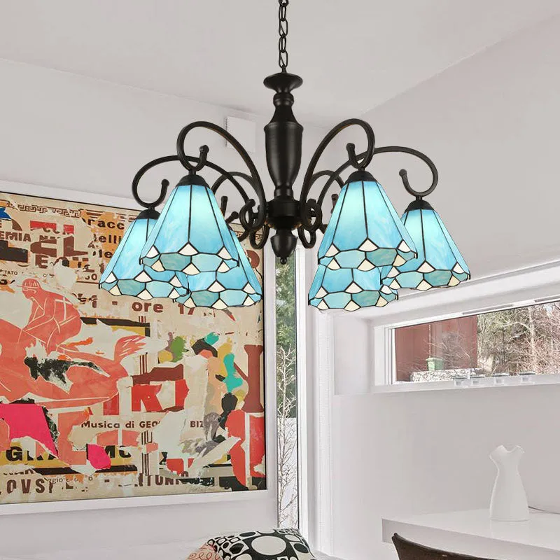 Baroque Glass Chandelier Pendant Light with 6 Conical/Domed Lights in White, Sky Blue & Dark Blue for Bedroom Suspension Lighting