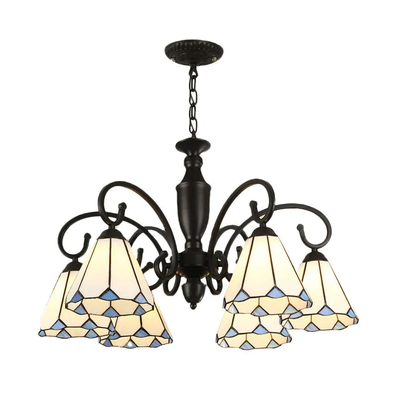 Baroque Glass Chandelier Pendant Light with 6 Conical/Domed Lights in White, Sky Blue & Dark Blue for Bedroom Suspension Lighting