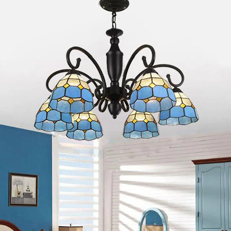 Baroque Glass Chandelier Pendant Light with 6 Conical/Domed Lights in White, Sky Blue & Dark Blue for Bedroom Suspension Lighting