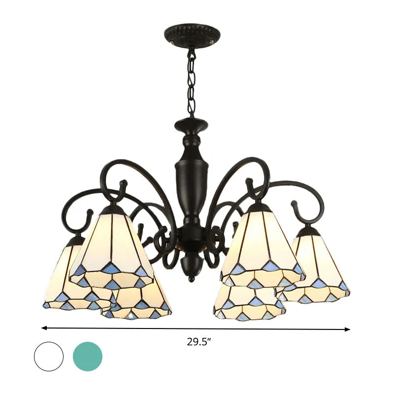 Baroque Glass Chandelier Pendant Light with 6 Conical/Domed Lights in White, Sky Blue & Dark Blue for Bedroom Suspension Lighting