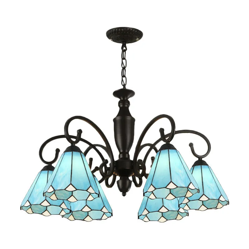 Baroque Glass Chandelier Pendant Light with 6 Conical/Domed Lights in White, Sky Blue & Dark Blue for Bedroom Suspension Lighting