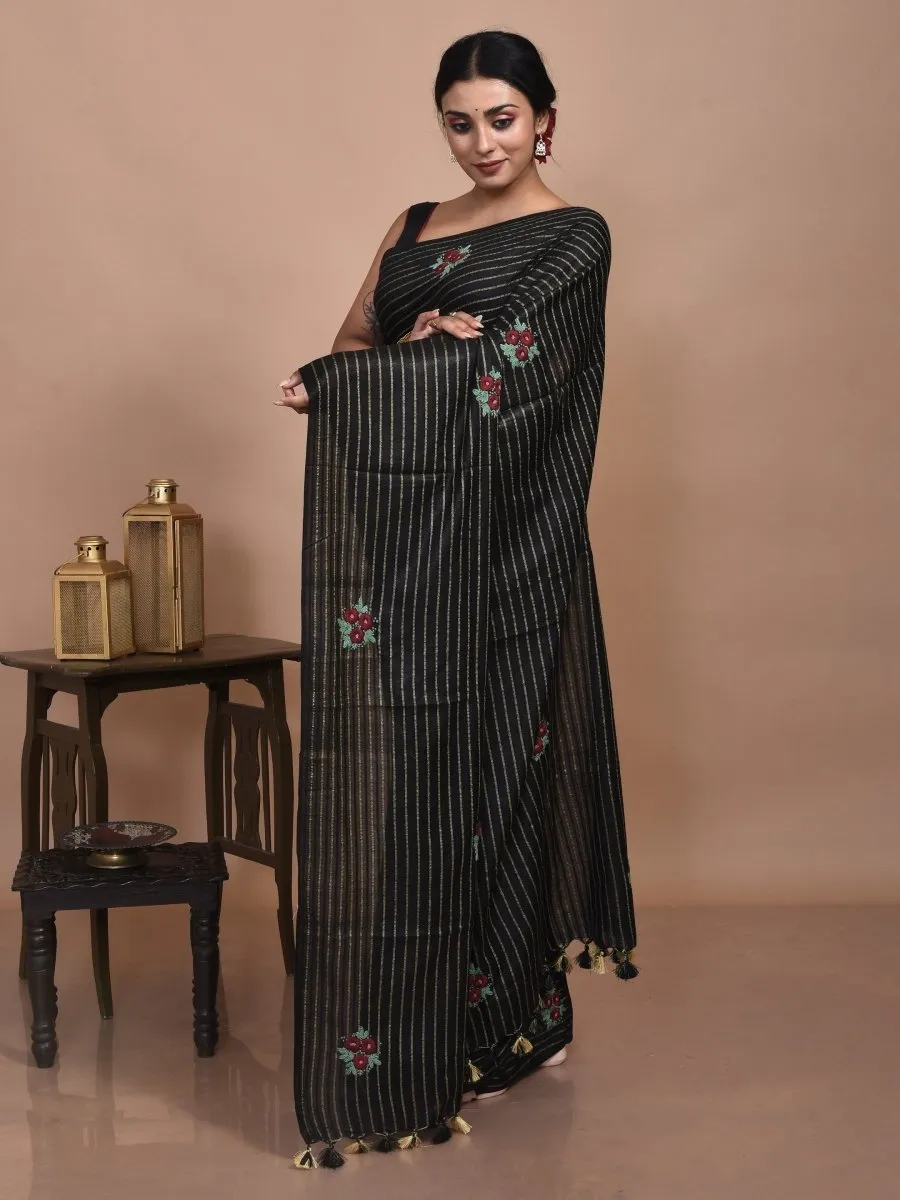 Black Zari Striped Linen Saree with Floral Hand Embroidery