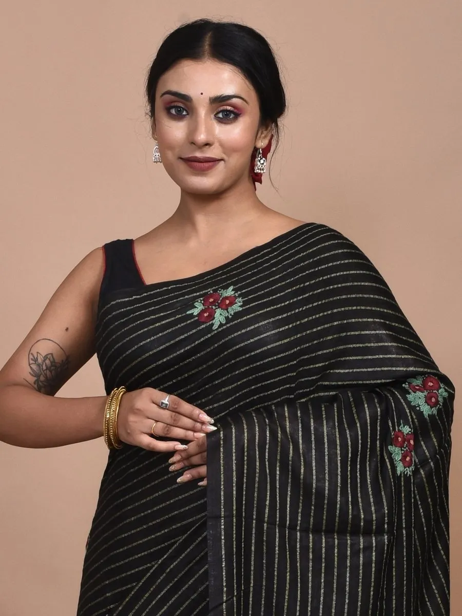 Black Zari Striped Linen Saree with Floral Hand Embroidery