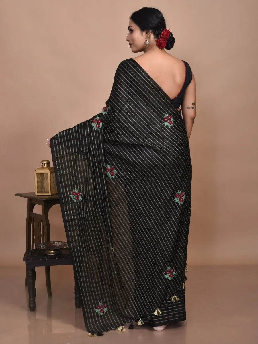Black Zari Striped Linen Saree with Floral Hand Embroidery