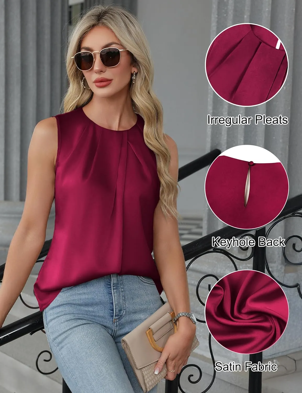 Blooming Jelly Womens Summer Tank Tops Business Casual Outfits Satin Blouse Dressy Work Shirts Spring Clothes