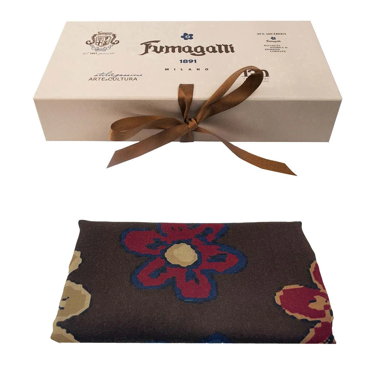 Brown macro floral beige,red & blu wool archive scarf