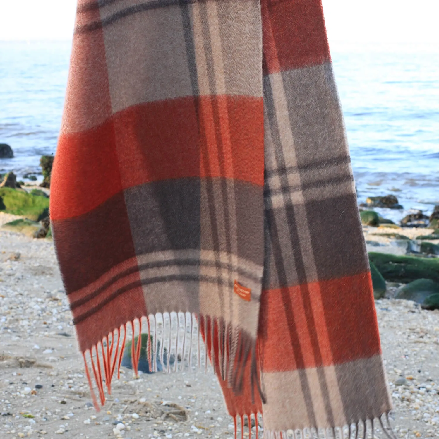 Cashmere Plaid Fringe Scarf - Copper Red