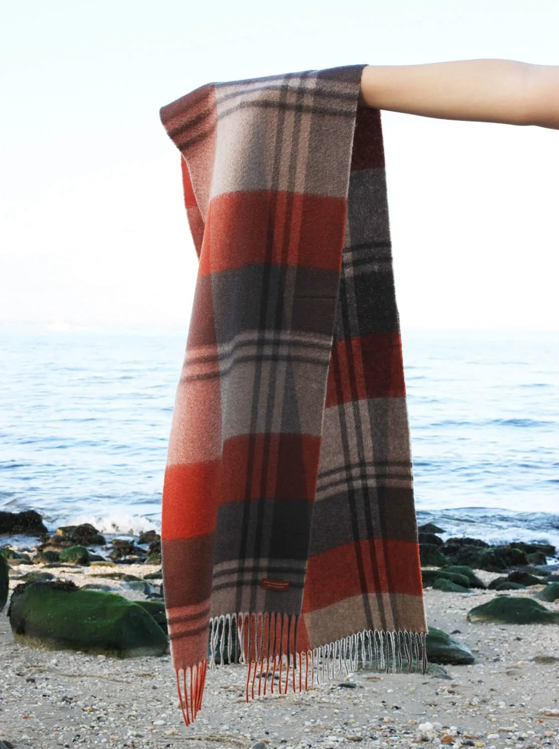 Cashmere Plaid Fringe Scarf - Copper Red
