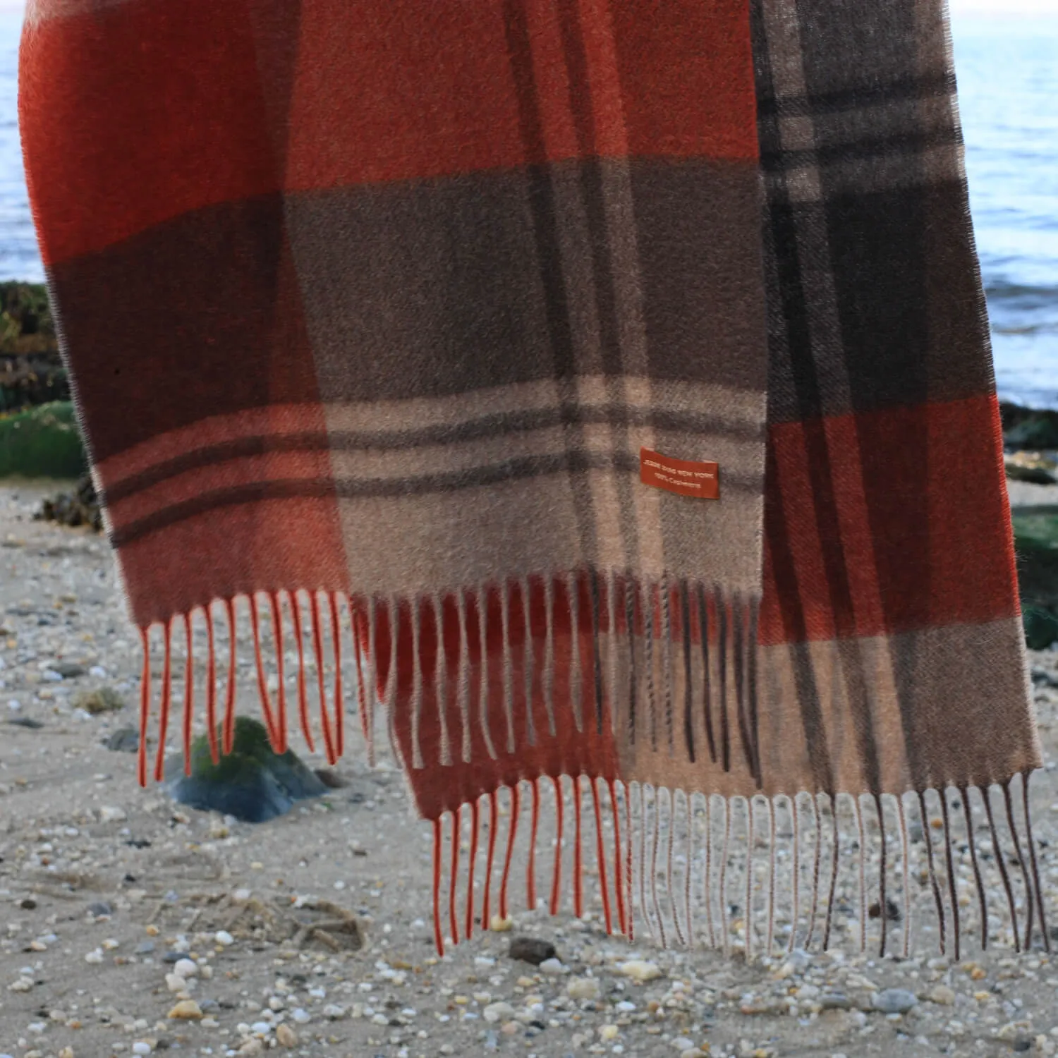 Cashmere Plaid Fringe Scarf - Copper Red