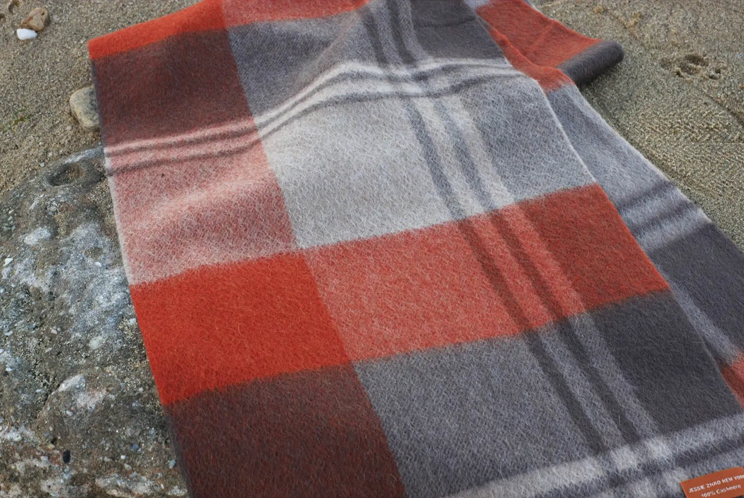 Cashmere Plaid Fringe Scarf - Copper Red