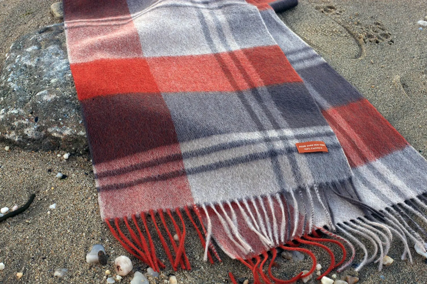 Cashmere Plaid Fringe Scarf - Copper Red