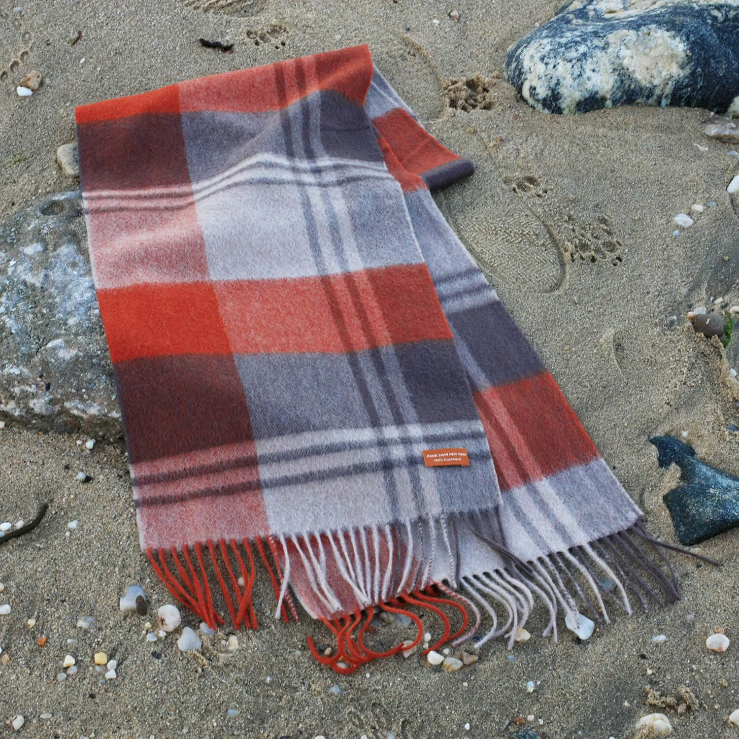 Cashmere Plaid Fringe Scarf - Copper Red