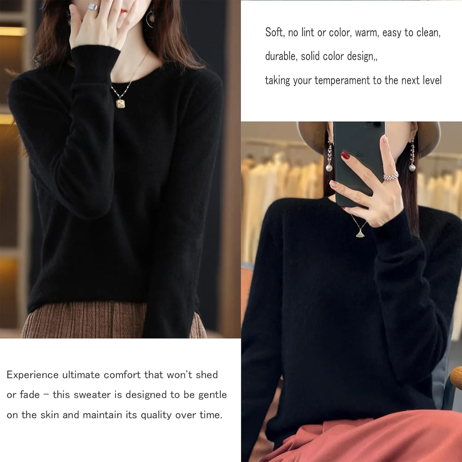 Cashmere Sweaters for Women, 100% Cashmere Crew Neck Warm Light Long Sleeve Elegant Soft Pullover Sweater