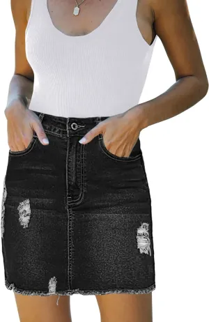 Casual High Waist Jean Skirts for Women Denim Raw Hem Frayed Bodycon Ripped Skirt Stretchy with Pockets