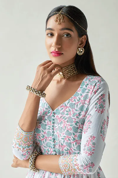 Chaand Turquoise Hand Block print Anarkali with Palazzo and  Dupatta- Set of 3