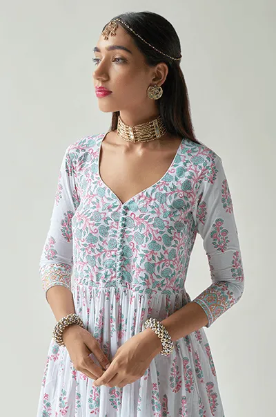 Chaand Turquoise Hand Block print Anarkali with Palazzo and  Dupatta- Set of 3