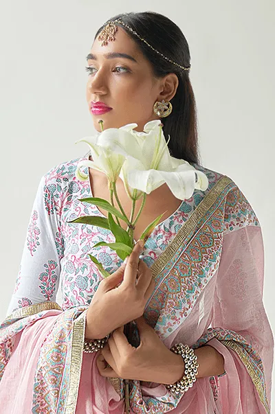 Chaand Turquoise Hand Block print Anarkali with Palazzo and  Dupatta- Set of 3