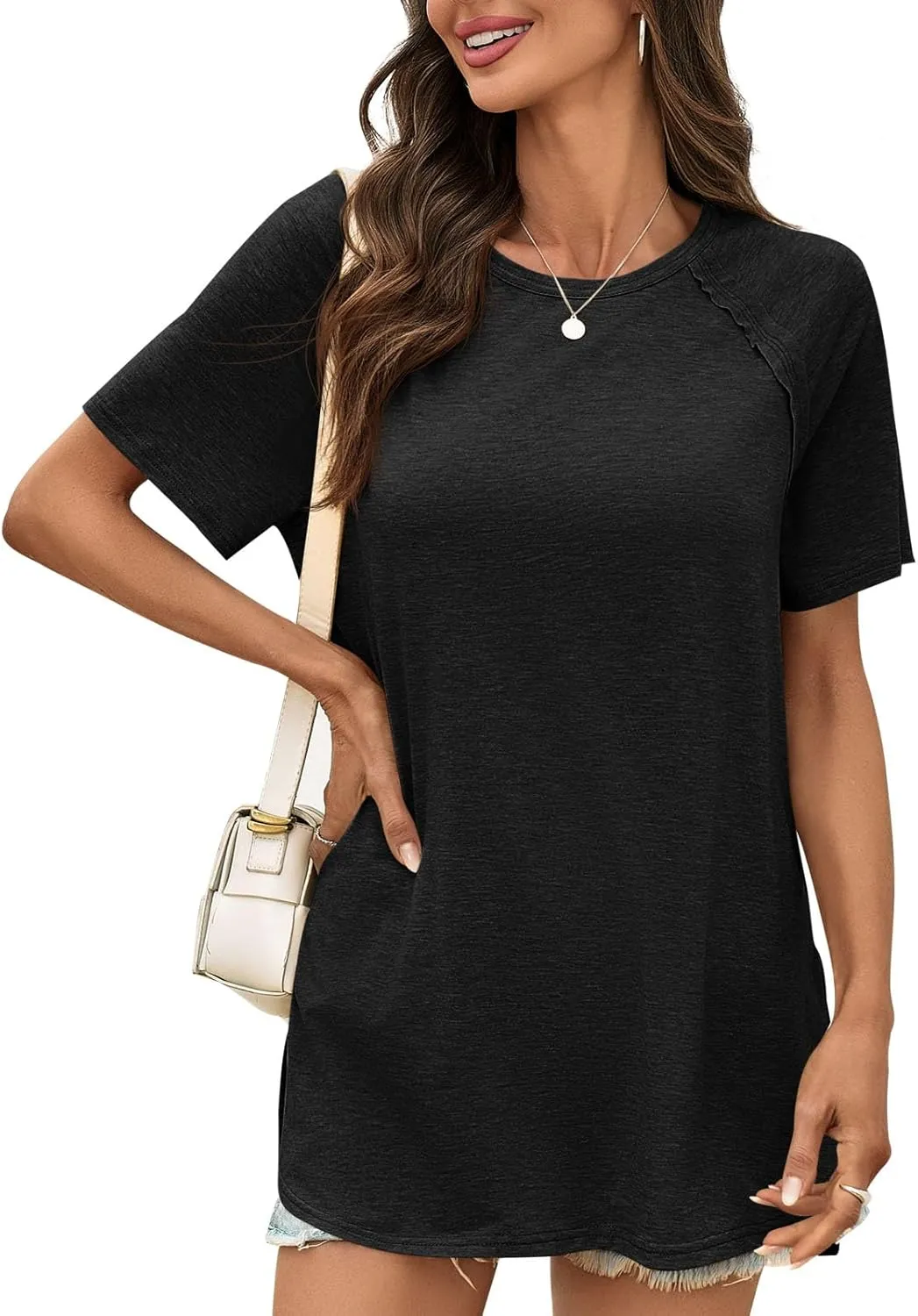 Cicy Bell Womens Short Sleeve Tunic Tops Summer Crew Neck Side Split T Shirts Casual Loose Fit Basic Tees Shirts
