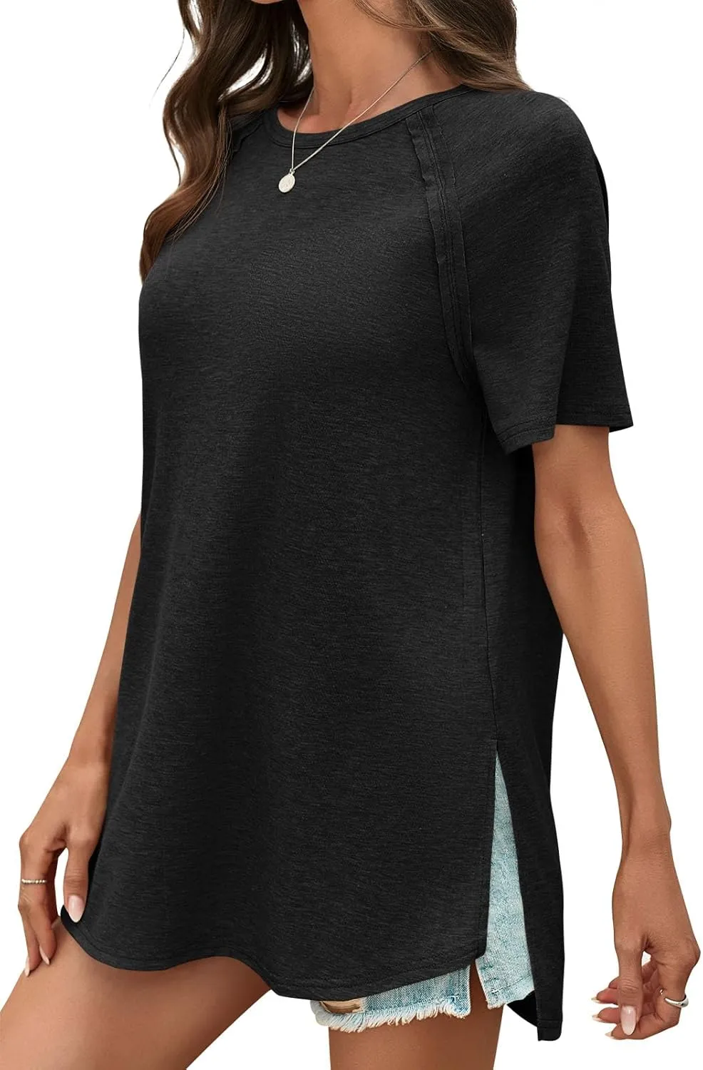 Cicy Bell Womens Short Sleeve Tunic Tops Summer Crew Neck Side Split T Shirts Casual Loose Fit Basic Tees Shirts