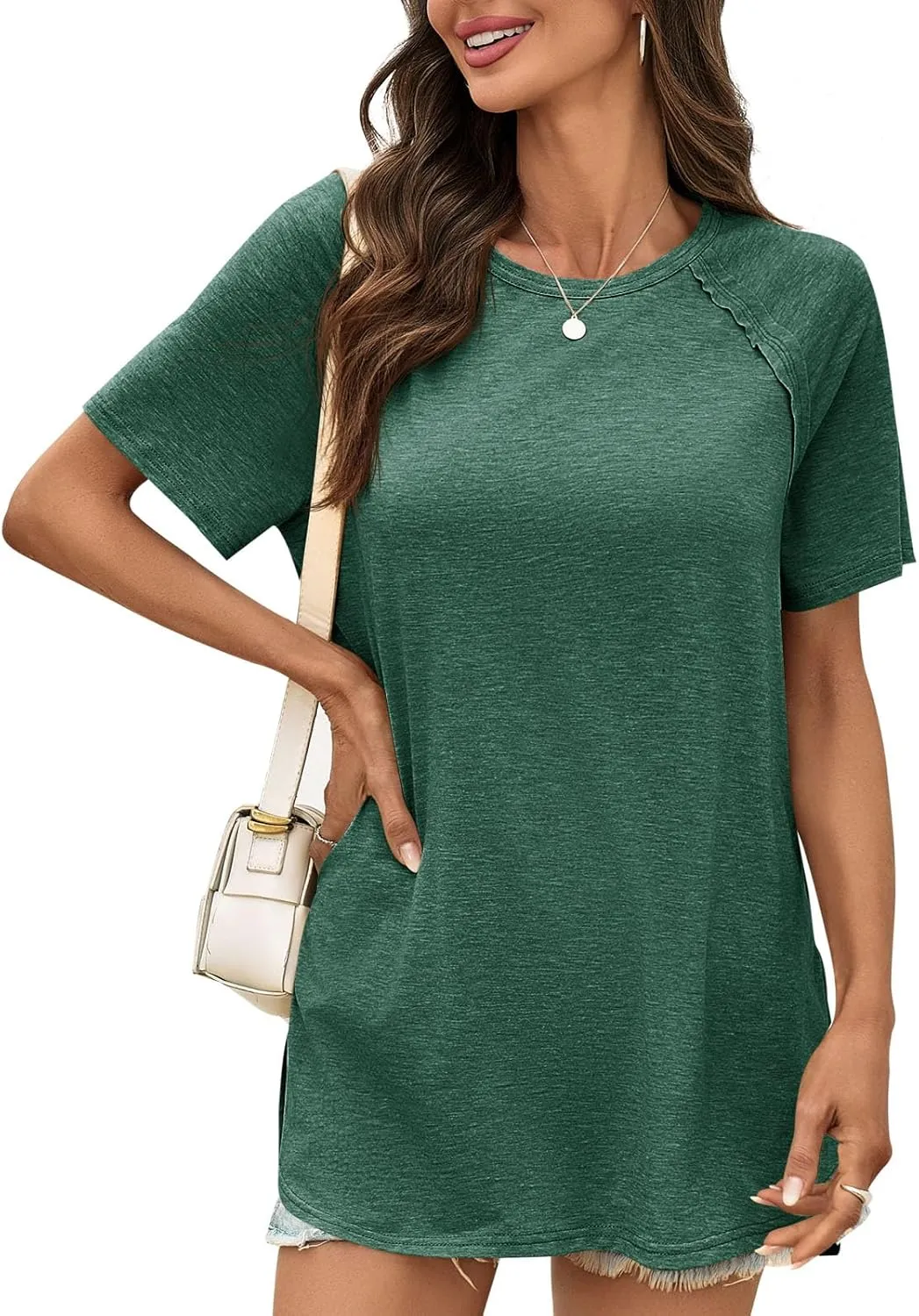 Cicy Bell Womens Short Sleeve Tunic Tops Summer Crew Neck Side Split T Shirts Casual Loose Fit Basic Tees Shirts