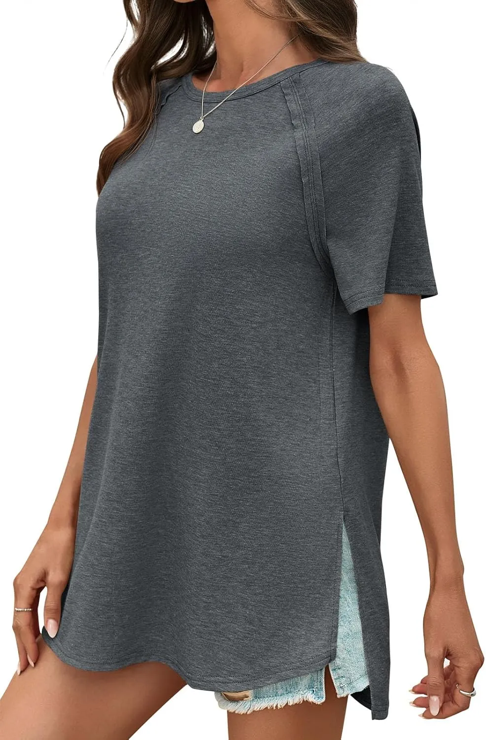 Cicy Bell Womens Short Sleeve Tunic Tops Summer Crew Neck Side Split T Shirts Casual Loose Fit Basic Tees Shirts