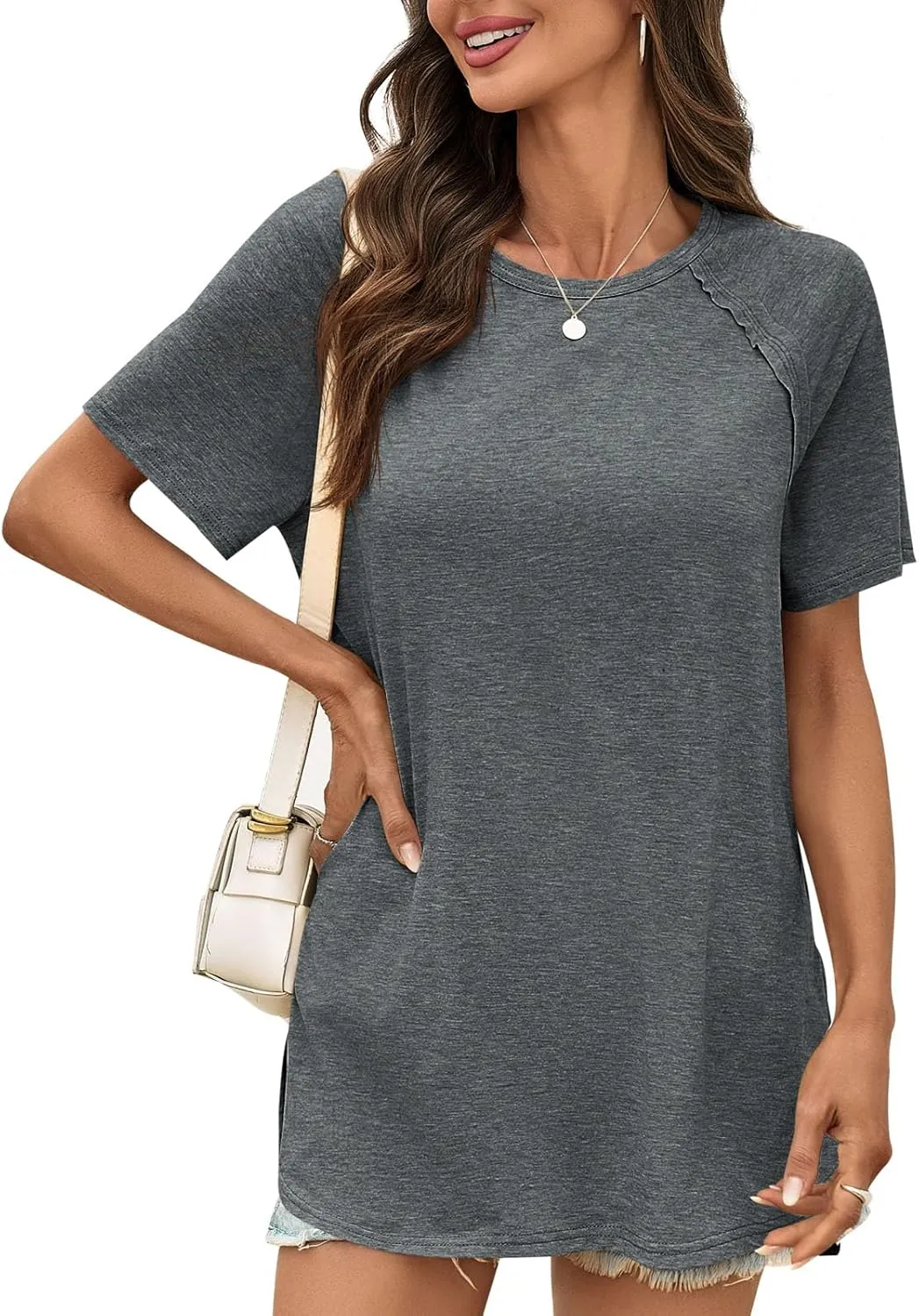 Cicy Bell Womens Short Sleeve Tunic Tops Summer Crew Neck Side Split T Shirts Casual Loose Fit Basic Tees Shirts