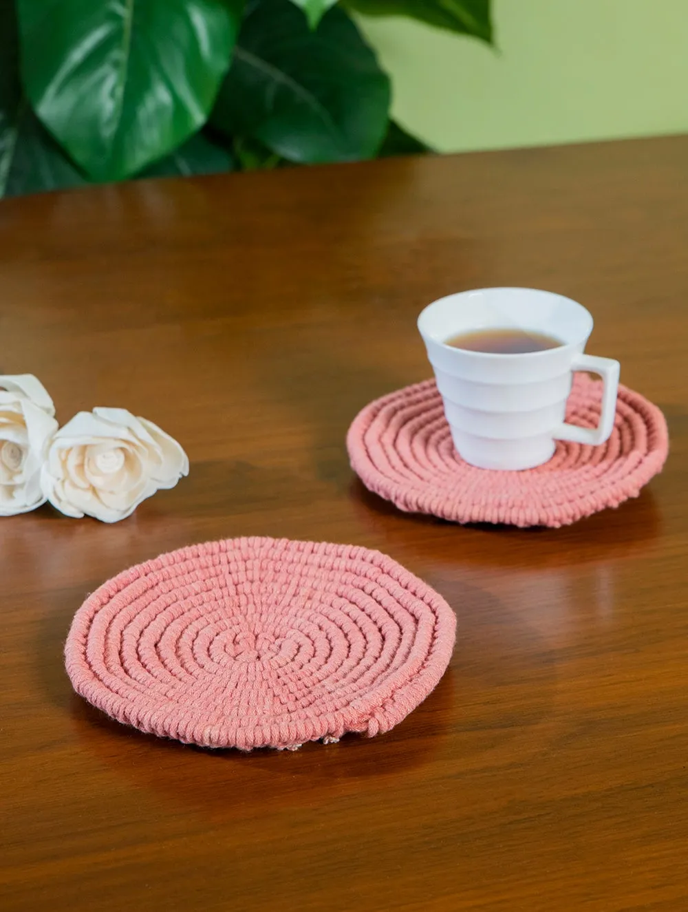 Classic Handknotted Macramé Coaster Sets / Trivets (Set of 2) - Pink