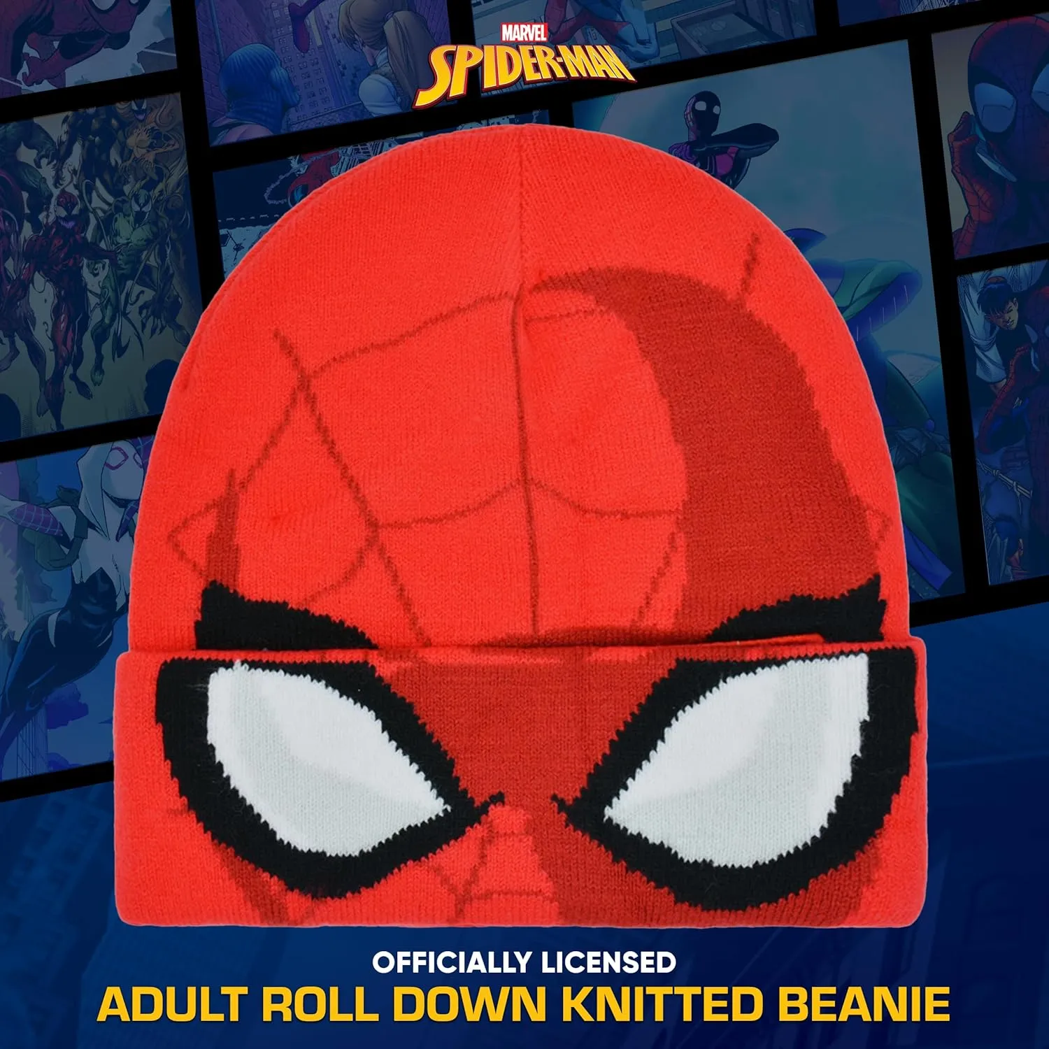 Concept One Marvel Spider-Man Miles Morales Roll Down Cuff Beanie Hat, Knitted Winter Skull Cap