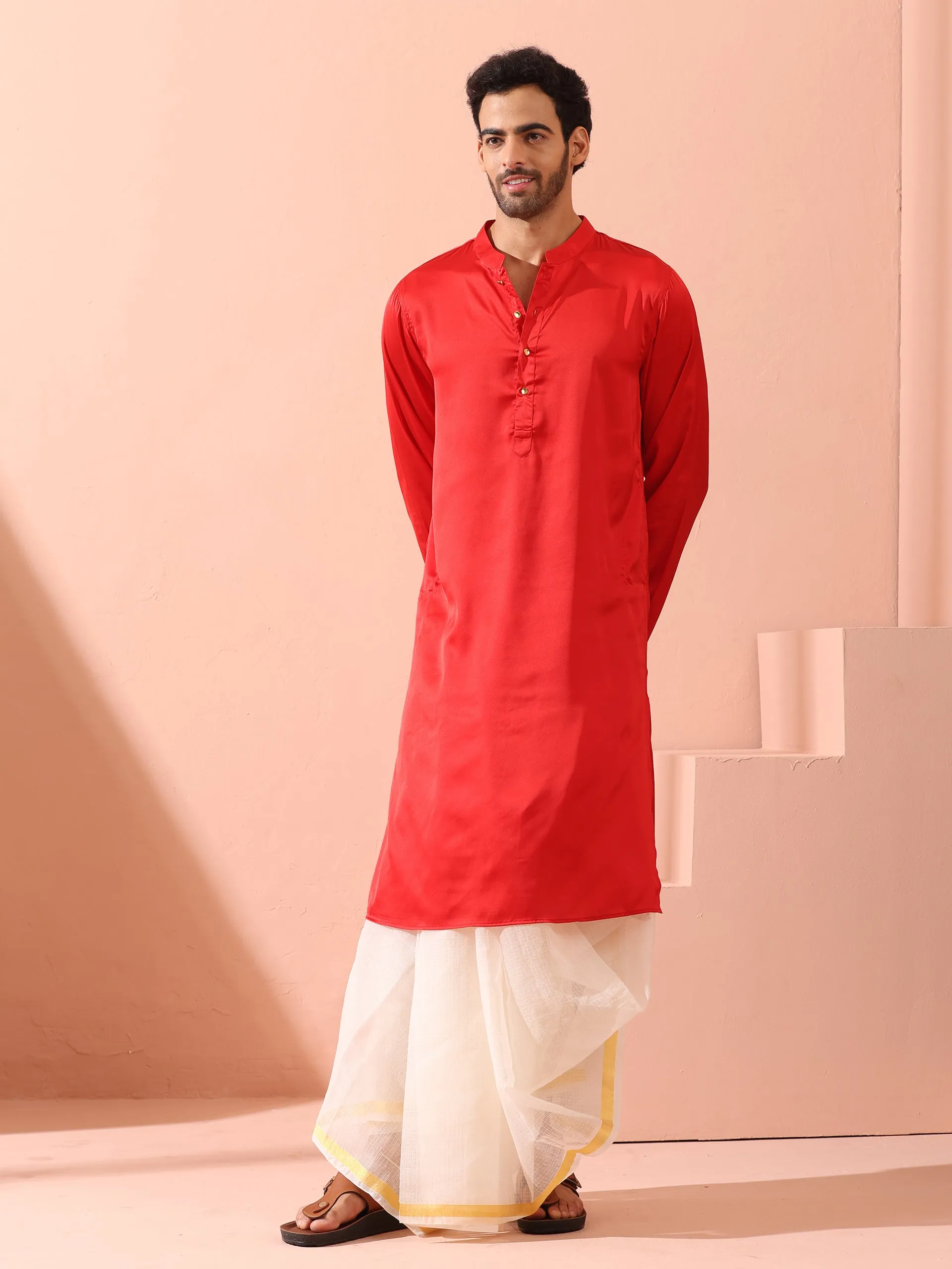 Creed Red Satin Kurta with Gold Buttons