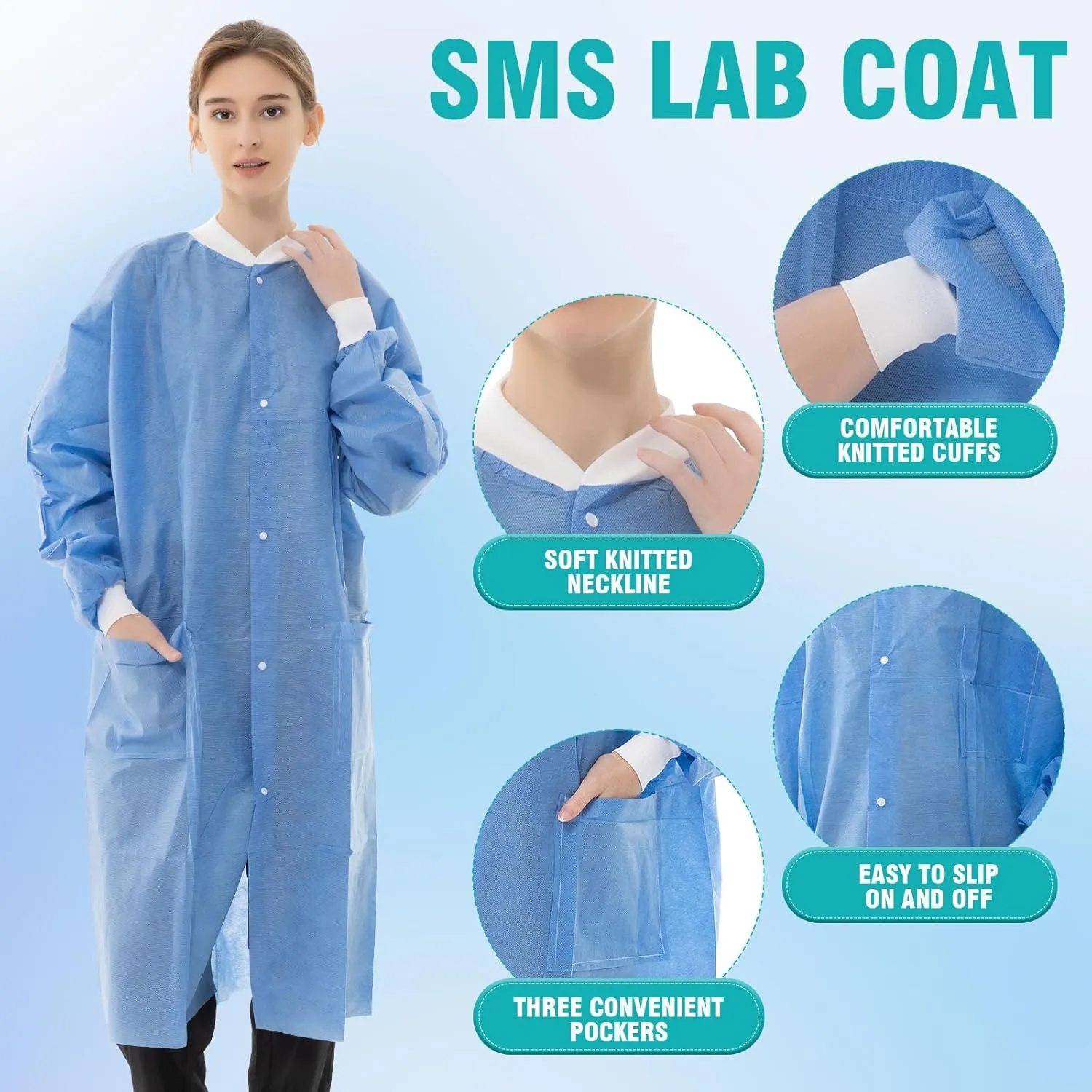 Disposable Lab Coats - SMS Medical Lab Jacket Knee Length Chemistry Lab Coat with Knit Cuffs and 3 Pockets