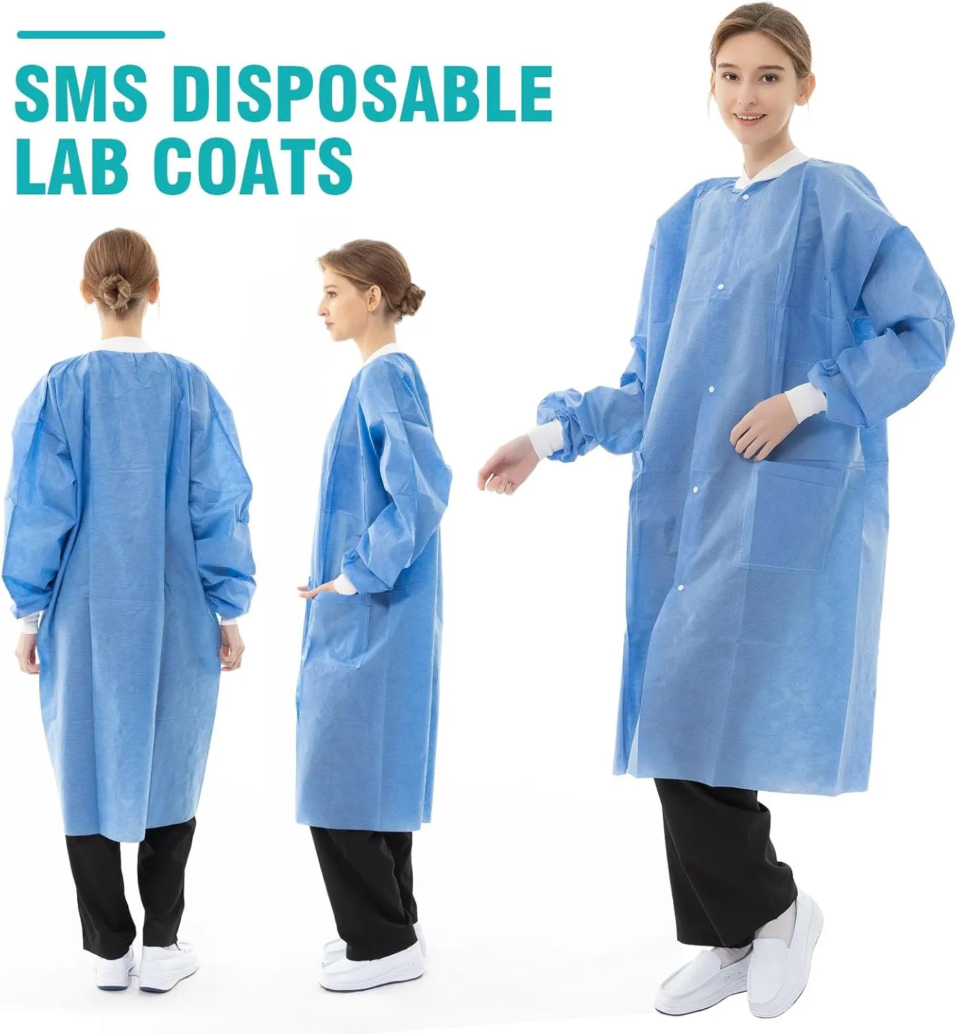 Disposable Lab Coats - SMS Medical Lab Jacket Knee Length Chemistry Lab Coat with Knit Cuffs and 3 Pockets