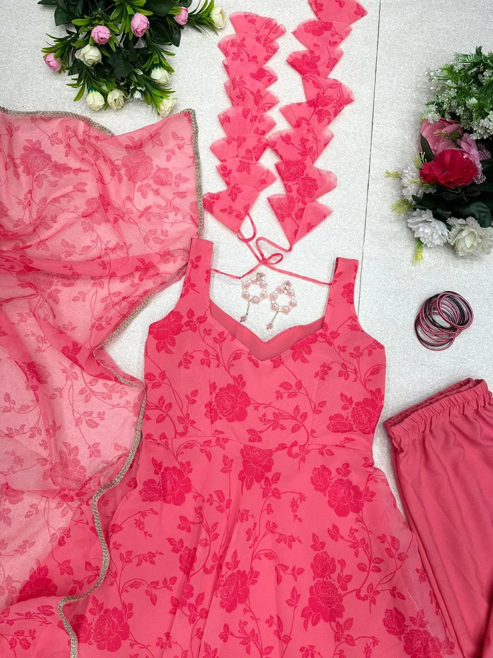 Elegant Dark Pink Digital Printed Georgette Silk Anarkali Suit Set