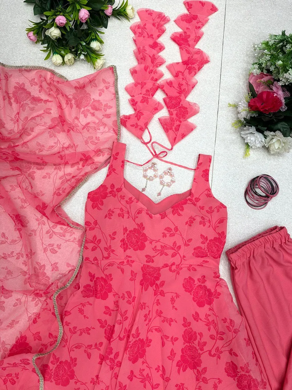 Elegant Dark Pink Digital Printed Georgette Silk Anarkali Suit Set