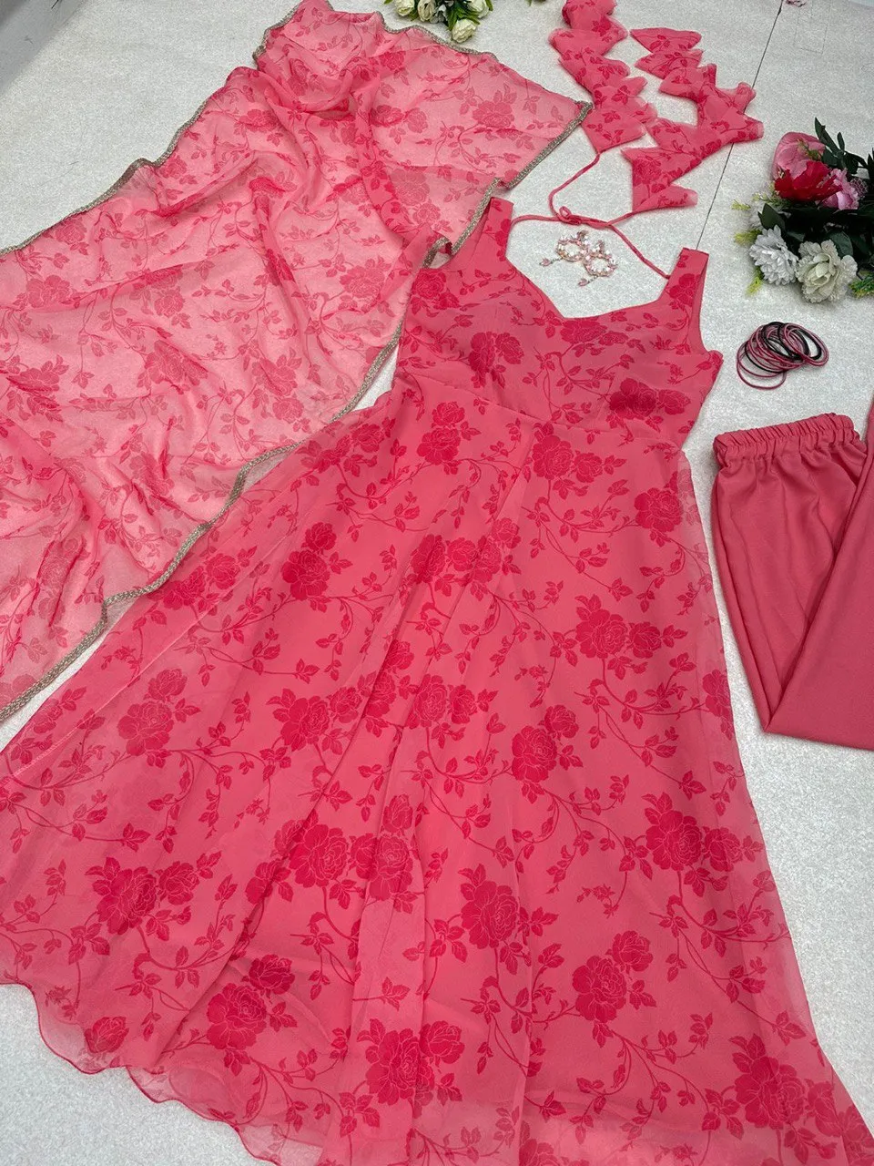 Elegant Dark Pink Digital Printed Georgette Silk Anarkali Suit Set