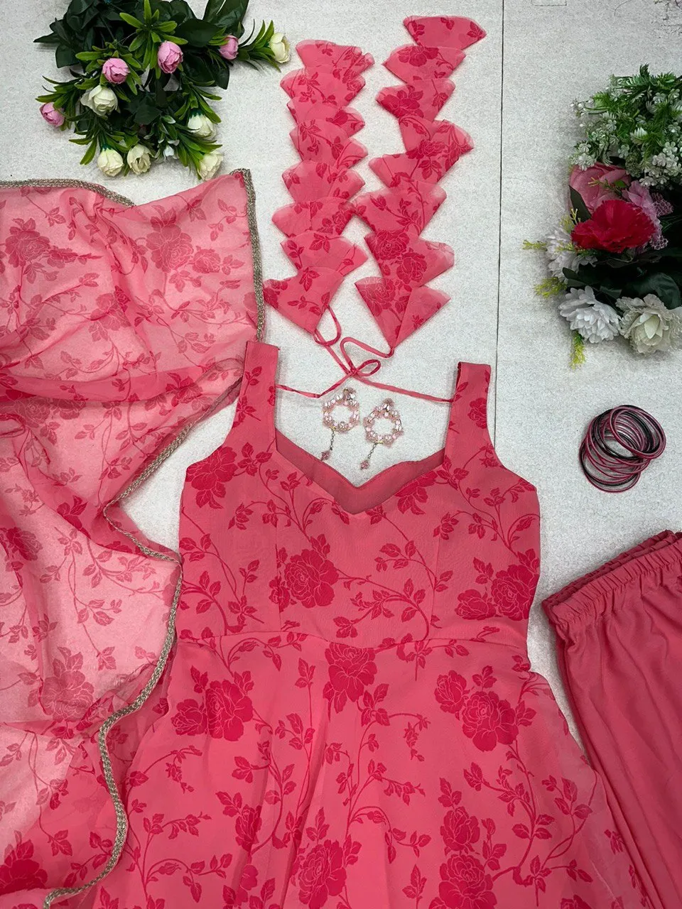 Elegant Dark Pink Digital Printed Georgette Silk Anarkali Suit Set