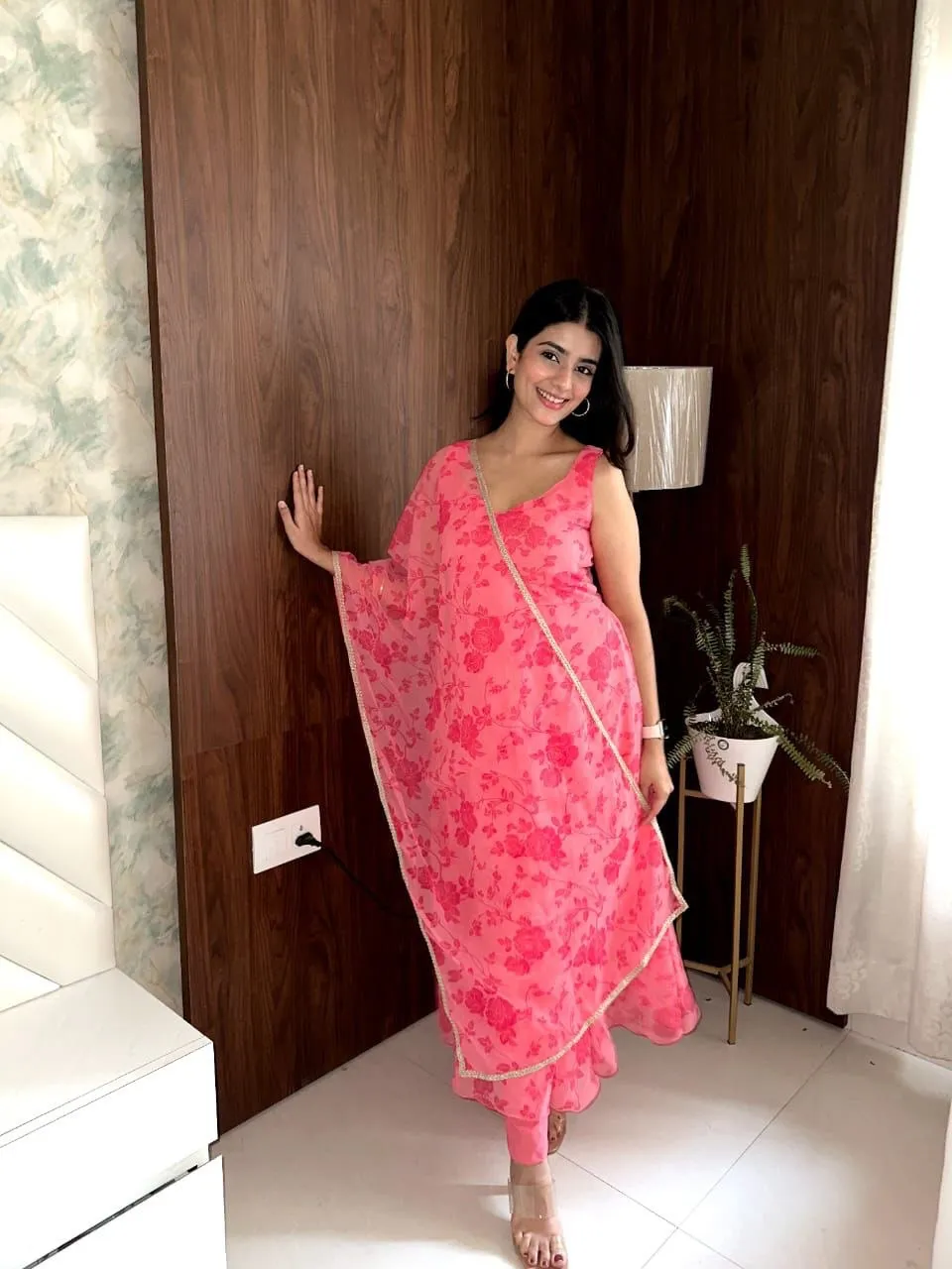 Elegant Dark Pink Digital Printed Georgette Silk Anarkali Suit Set